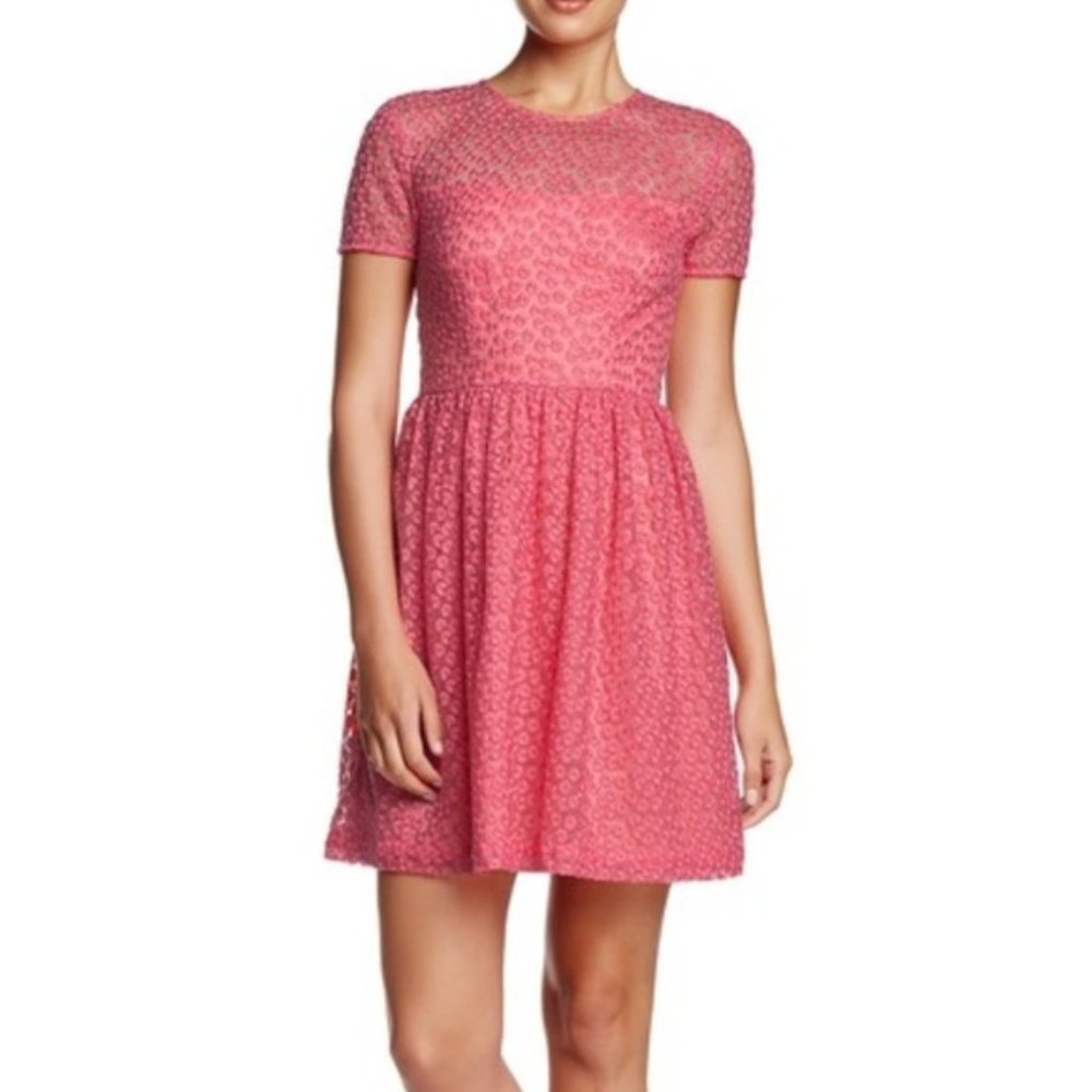 TRINA TURK pink floral daisy embroidered fit and flare Paris dress